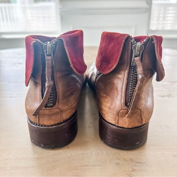 Anthropologie Schuler & Sons Fold Over Leather Ankle Boot Brown Burgundy Suede 9 - Picture 3 of 5